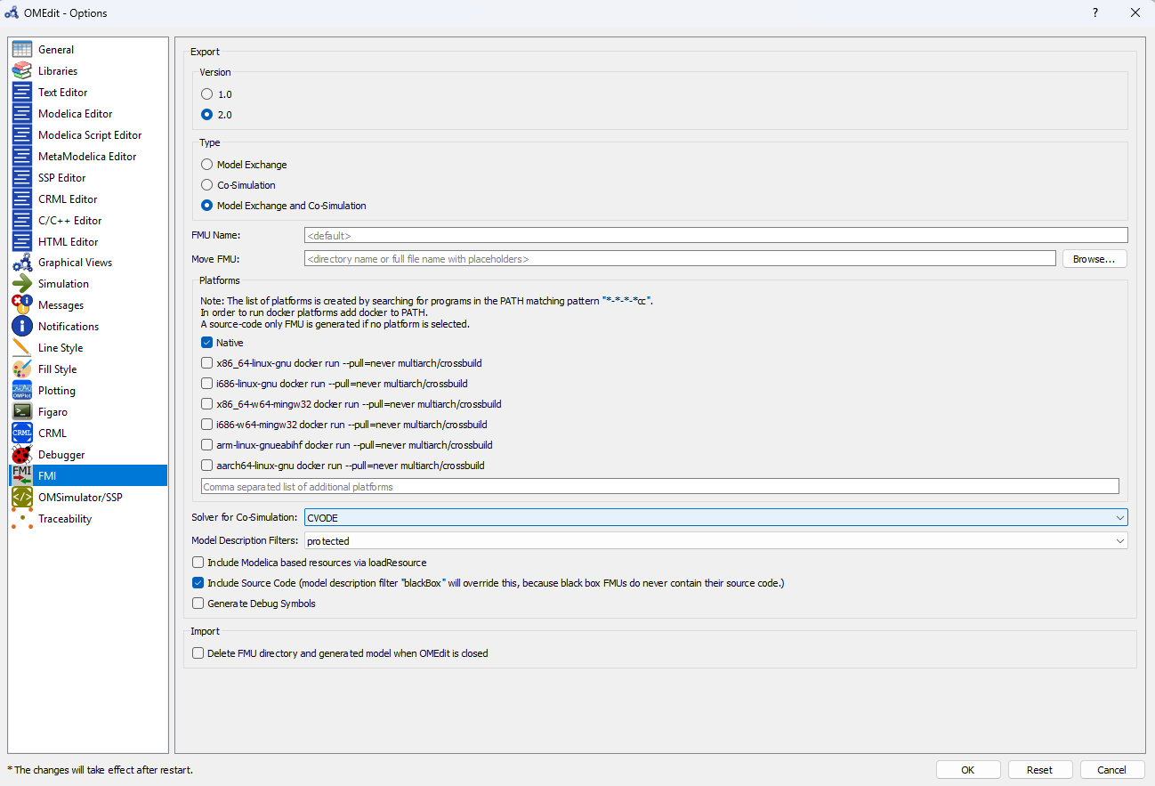 FMI export settings in OMEdit showing platform selection and solver options