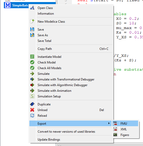 Exporting a model class as FMU via right-click context menu